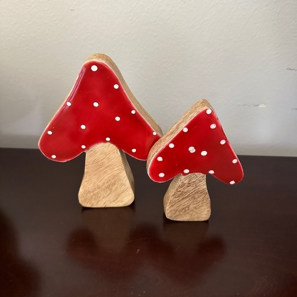 Pair Of Decorative Wooden Mushrooms Red/ White
